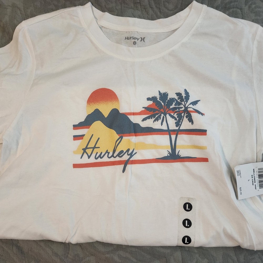 Hurley White Tee with Sunset and Palm Design